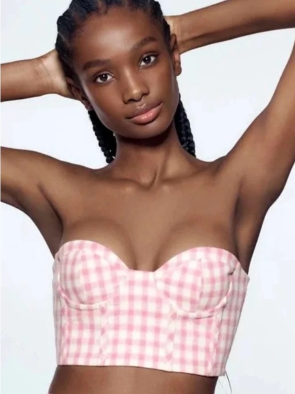 Zara Crop Tweed Pink Gingham Textured Bustier Style Top Size XS / X-Small Barbie